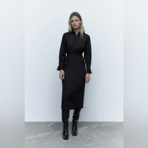 ZARA Fitted Shirt Dress Black with black and gold buttons Size XS